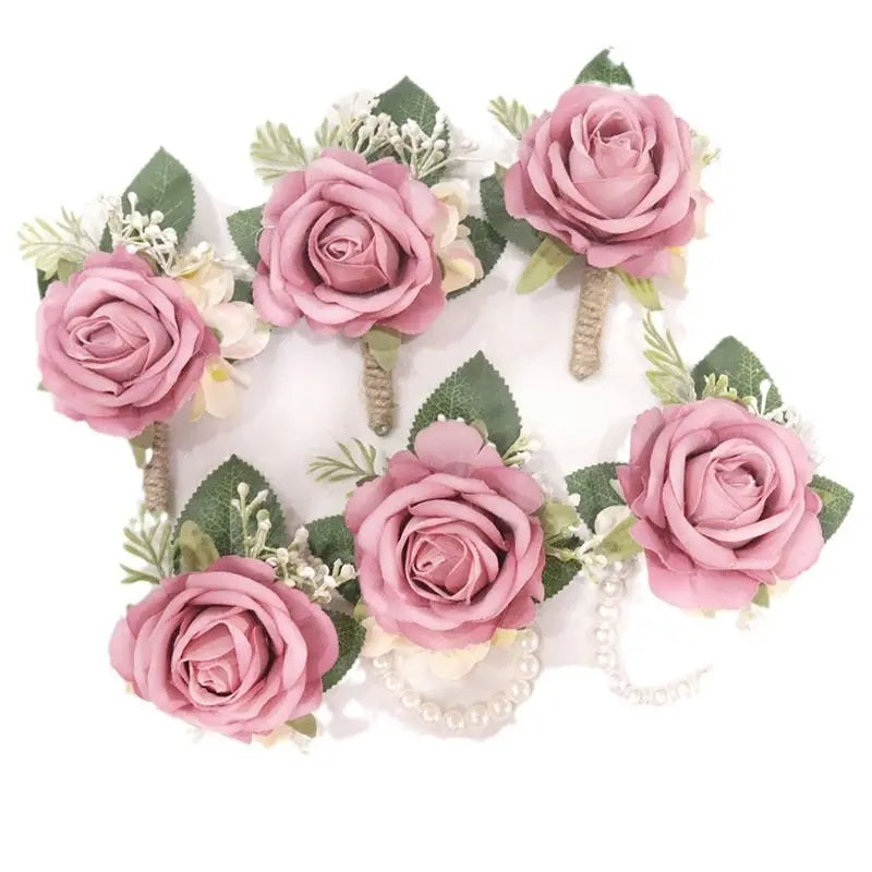 6pcs of Wedding Supplies Including Wrist Flowers And Corsages for Brides And Bridesmaids, Featuring Creative New European-Style High-End Designs with Artificial Roses, Bridal Accessories