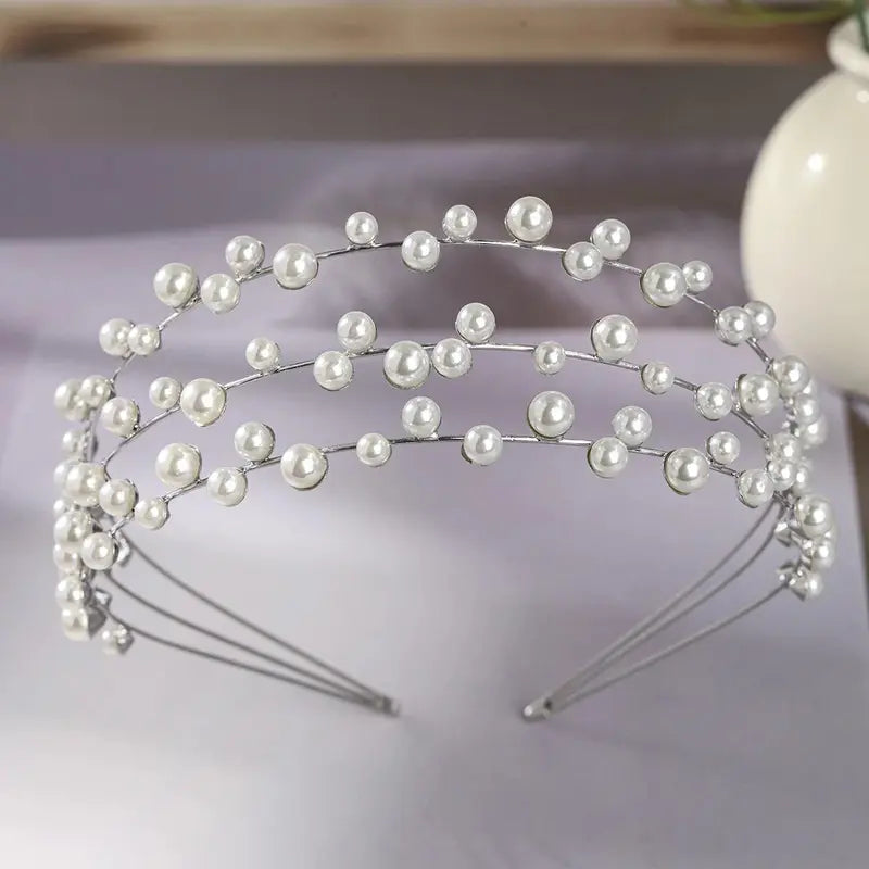 Silver Rhinestone Hair Crown with Ivory Pearl Vintage Crystal Bridal Wedding Tiara Bride Headpiece Crowns Mom-Daughter Headband