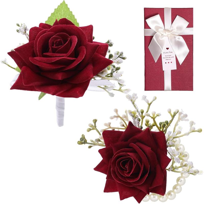Unisex 2-Piece Handmade Silk Red Rose Corsage & Boutonniere Set - 100% Handmade, 2.7inches x 2.7inches, Wrist Corsage, Pin, Gift Box, Wedding, Banquets, All Seasons Formal Occasions