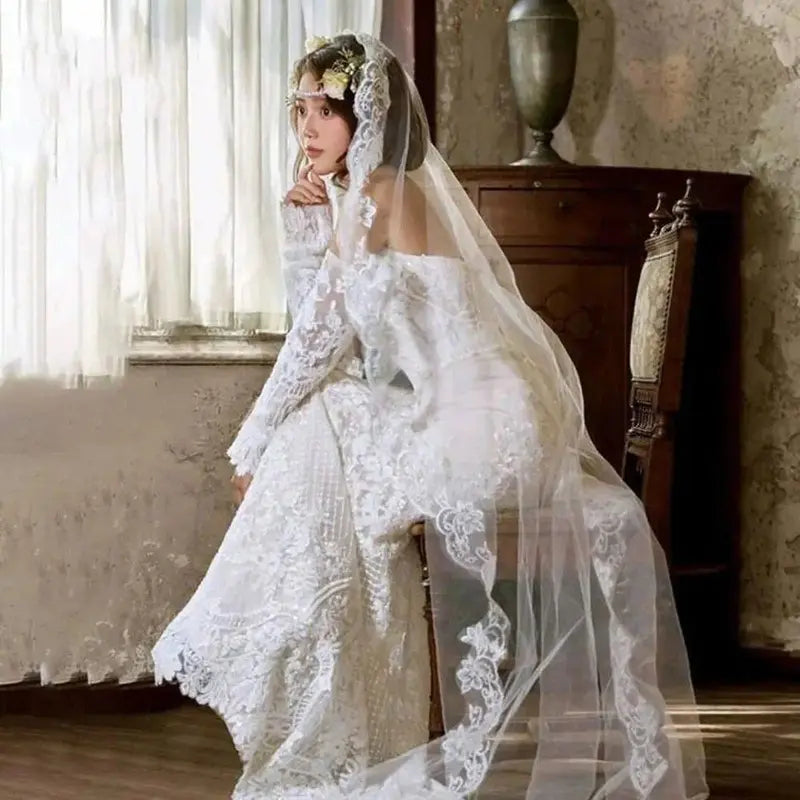 New Lace Flower Bridal Veil Soft Tulle Single-layer Wedding Veils White Long Bride Head Gauze Wedding Accessories