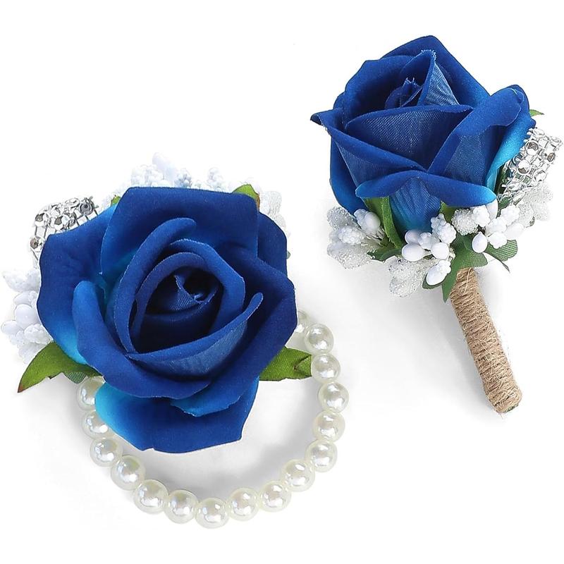 Rustic Chic Wedding Wrist Corsage & Boutonniere Set - Ivory Silk Rose, Adjustable Pearl Bracelet, Handcrafted Pearl Accents, Formal Outdoor Unisex for Wedding Prom, 1 Corsage & 1 Boutonniere, Beach