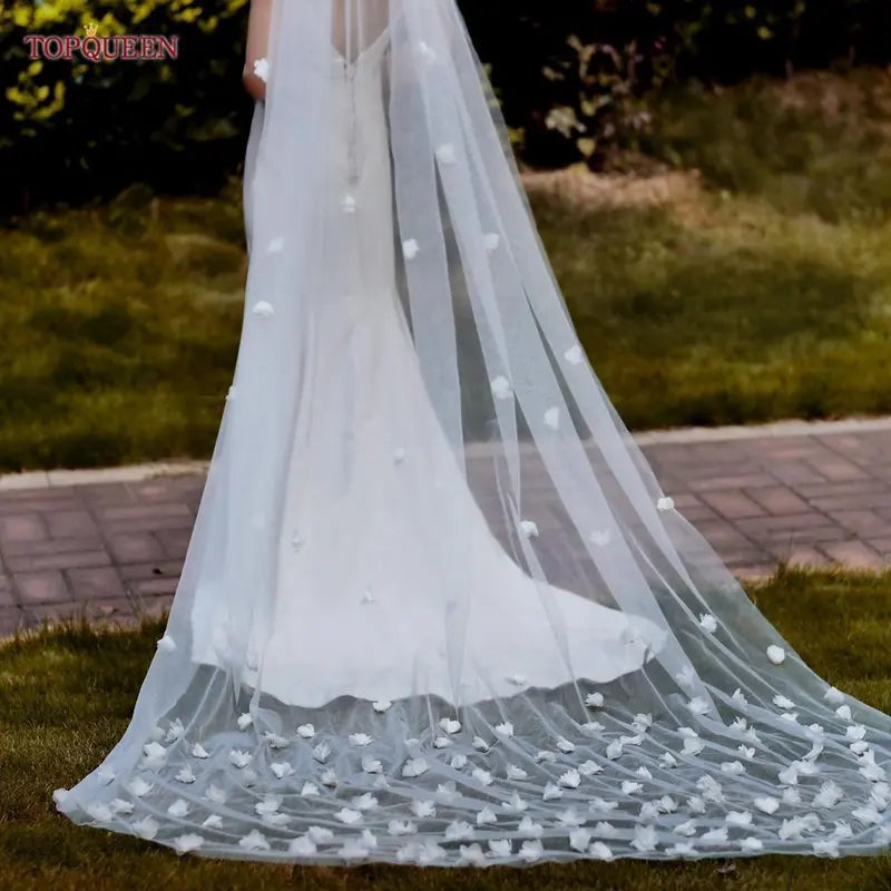 TOPQUEEN V20s 3D Flowers Wedding Veil Luxurious Bridal Veils Wedding Long Veu Bride 5 Meters Cathedral Drop Veil Pure White VEIL