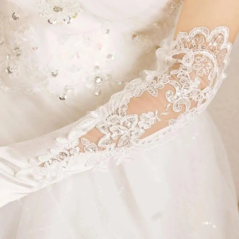 Elegant Satin Lace Gloves Long Bridal Gloves for Bride Flower Girls Women Wedding Prom Party