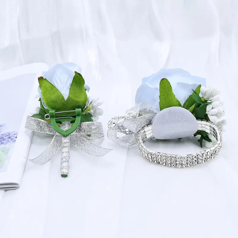 2Pcs Light Blue Rose Corsage and Boutonniere Set, Artificial Wrist Corsage Wristlet Bracelets, Men Boutonniere for Wedding Party Homecoming Formal Dinner Flowers Accessories Prom Suit Decor