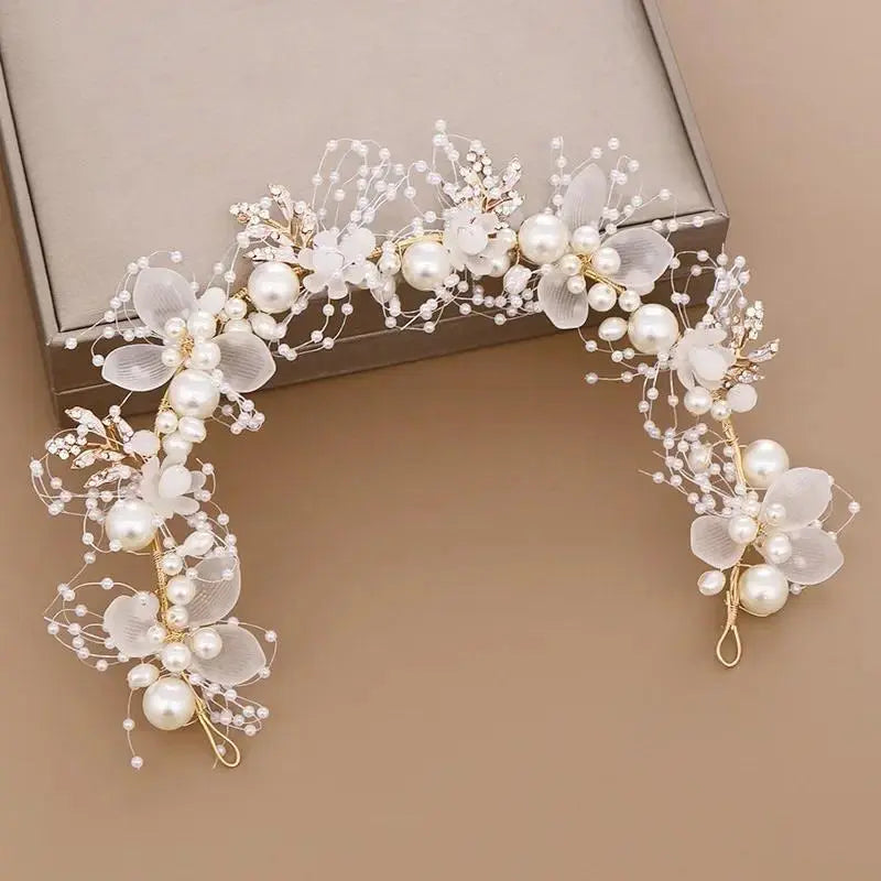 Pearl Flower Crown Headband Bridal Crystal Wedding Headpiece Boho Bride Hair Accessories Floral Crown for Bridesmaid Prom 2025