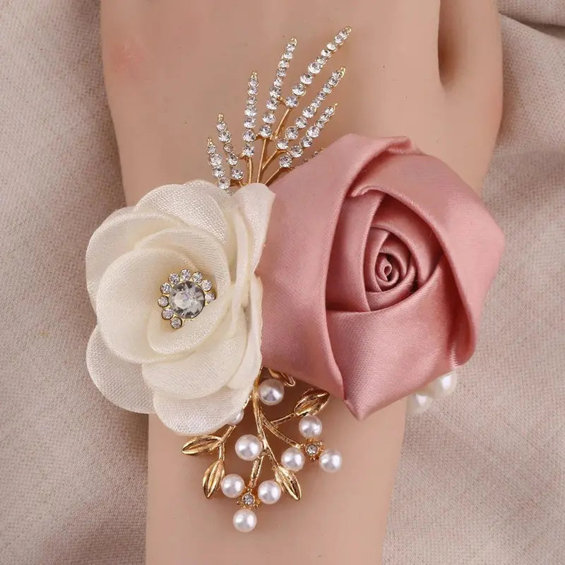 Bridal Groom Polyester Floral Jewelry Set - Groom's Boutonniere, Bride's Wrist Corsage, Elegant Cream Blooms with Dark Greenery for Wedding Ceremony