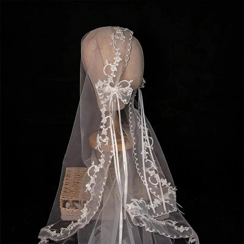 Wedding Bridal Veil Lace Pearl Trim Elegant Bride Headpiece for Wedding Ceremony Bridal Photoshoot,Lightweight Tulle Bridal Veil