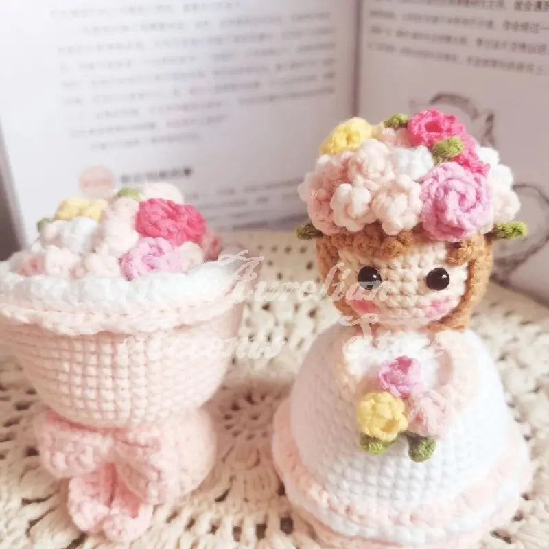 Handmade Crochet Cross-Dressing Bride Doll Knitted Finished Flower Bouquet Decoration Girls Birthday Gift Knitting Supplies