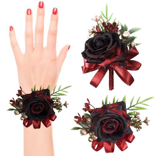 2 Pcs Blue Rose Wrist Corsage and Boutonniere Set, Rose Corsage Hand for Women, Boutonniere for Men Wedding Artificial Flowers Accessories Prom Decor, Wedding Flower Party Accessories (Blue)