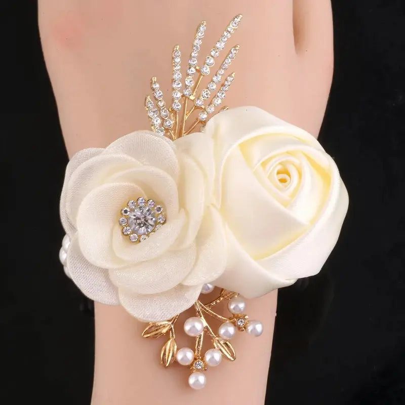 Bridal Groom Polyester Floral Jewelry Set - Groom's Boutonniere, Bride's Wrist Corsage, Elegant Cream Blooms with Dark Greenery for Wedding Ceremony