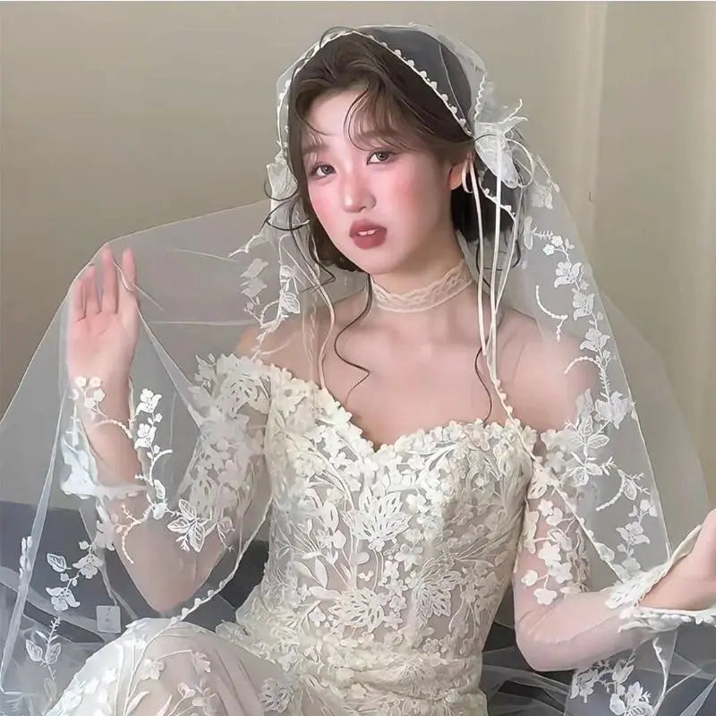Wedding Bridal Veil Lace Pearl Trim Elegant Bride Headpiece for Wedding Ceremony Bridal Photoshoot,Lightweight Tulle Bridal Veil