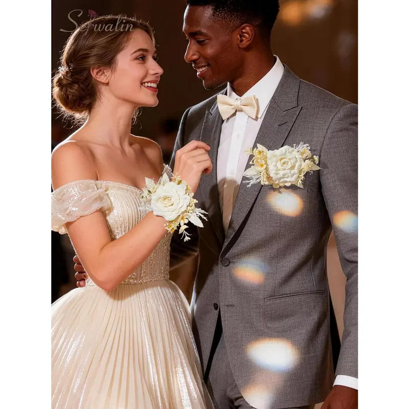 Wedding 2Pcs Pre-Made Ready-to-Use Corsage & Boutonniere Set - Pastel Soft Classic Silk Champagne Rose Wristlet Corsage, Pocket Boutonniere for Bridal Shower, Prom