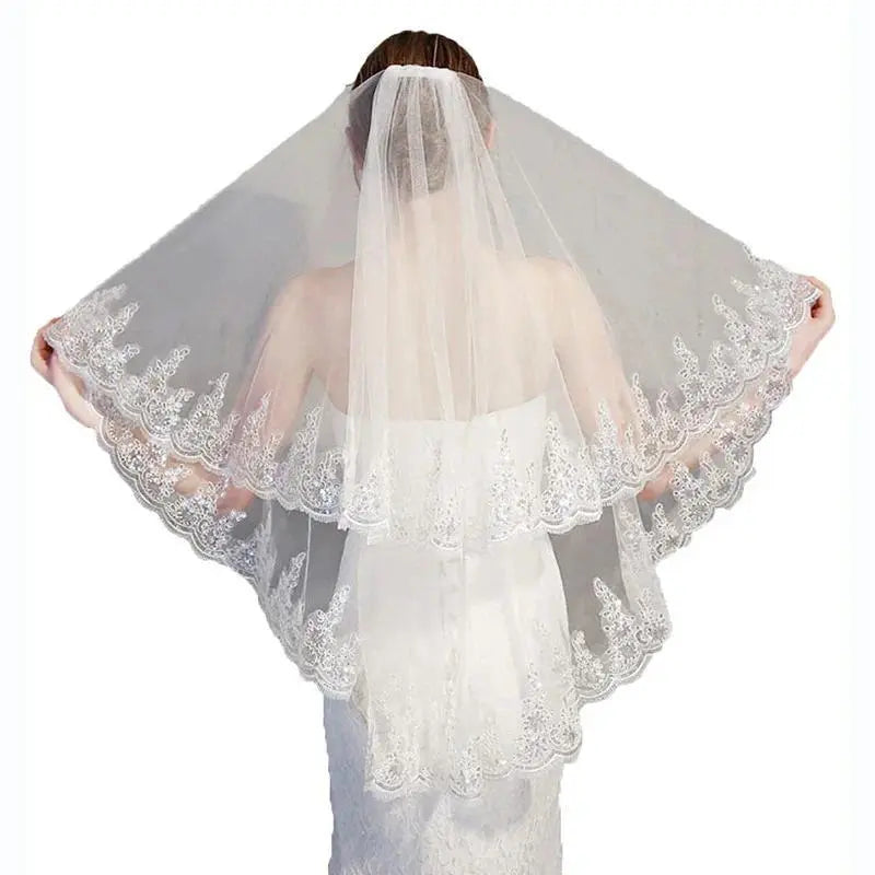 Lace Appliqued Wedding Veil with Comb 2-Tier Sequins Bridal Veils Soft Tulle for Brides