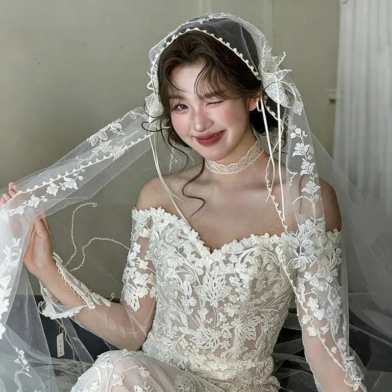Wedding Bridal Veil Lace Pearl Trim Elegant Bride Headpiece for Wedding Ceremony Bridal Photoshoot,Lightweight Tulle Bridal Veil