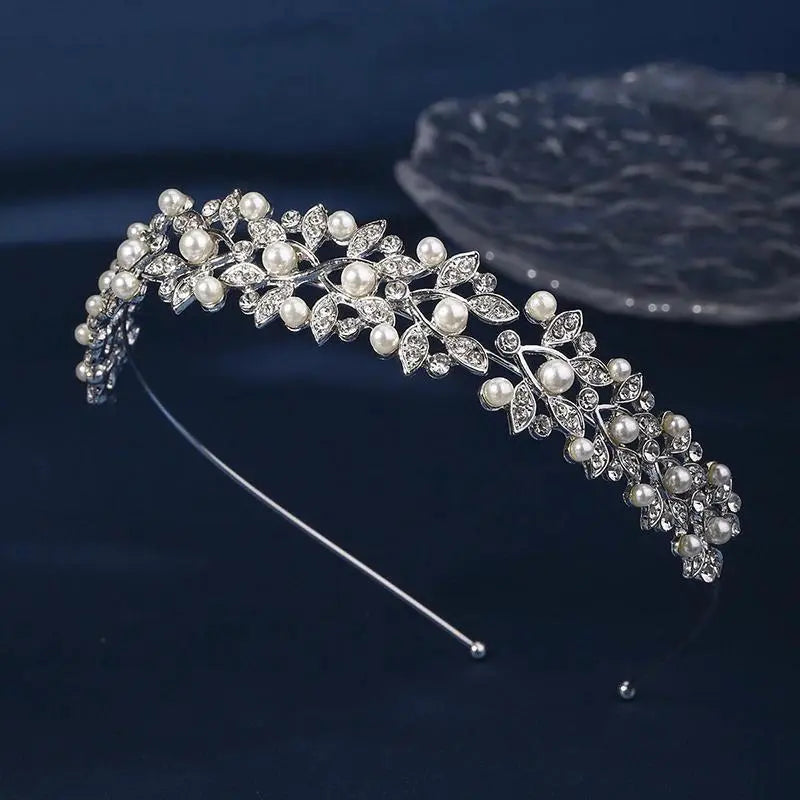 Silver Rhinestone Hair Crown with Ivory Pearl Vintage Crystal Bridal Wedding Tiara Bride Headpiece Crowns Mom-Daughter Headband