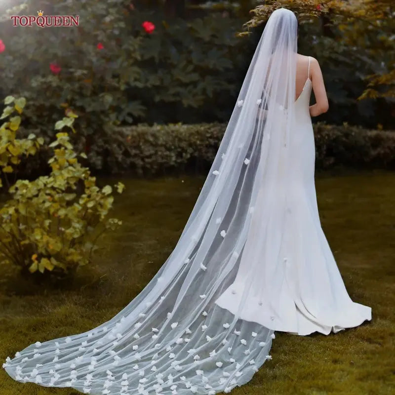 TOPQUEEN V20s 3D Flowers Wedding Veil Luxurious Bridal Veils Wedding Long Veu Bride 5 Meters Cathedral Drop Veil Pure White VEIL