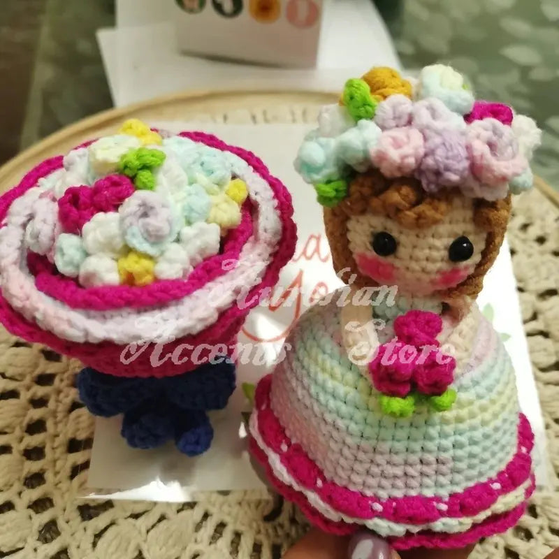 Handmade Crochet Cross-Dressing Bride Doll Knitted Finished Flower Bouquet Decoration Girls Birthday Gift Knitting Supplies