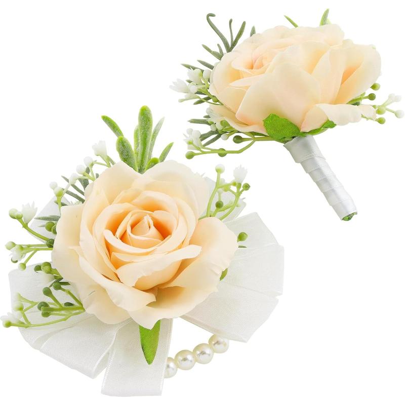 Unisex 2-Piece Handmade Silk Red Rose Corsage & Boutonniere Set - 100% Handmade, 2.7inches x 2.7inches, Wrist Corsage, Pin, Gift Box, Wedding, Banquets, All Seasons Formal Occasions