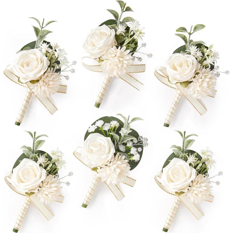 White Rose Corsage and Boutonniere Set, Boutonniere for Men and Wrist Corsage Wristlet Prom Homecoming Wedding Flowers Accessories Party Suit Decorations