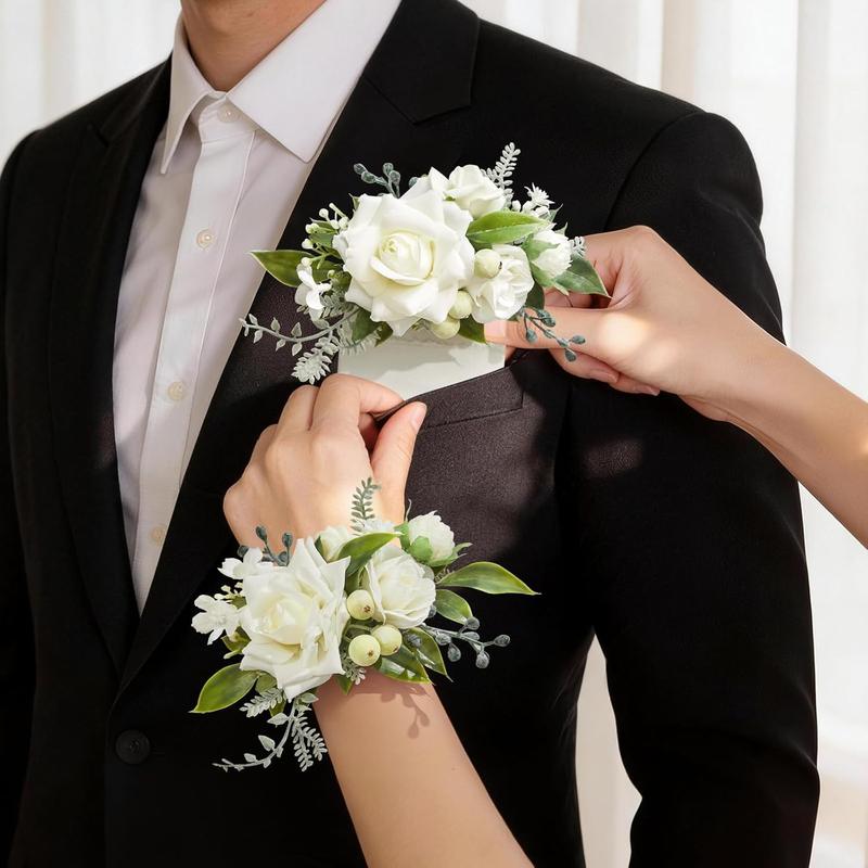 Wedding 2Pcs Pre-Made Ready-to-Use Corsage & Boutonniere Set - Pastel Soft Classic Silk Champagne Rose Wristlet Corsage, Pocket Boutonniere for Bridal Shower, Prom
