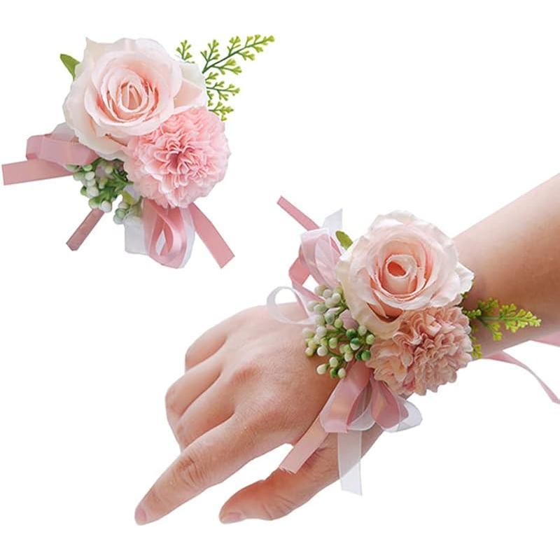 2 Pack Rose Wrist Corsages Wristband Hand Flowers for Wedding Bridesmaid Bridal Shower Prom Party (2 Wrist Corsages White)