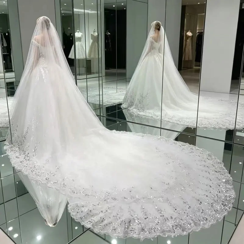 Bridal Veil - Classic 3m Long Train, 1.6m Wide Soft Plain Sheer Tulle, Scalloped Sparkling Silver Sequin Lace Edge, Attached Comb, Wedding Veils for Brides