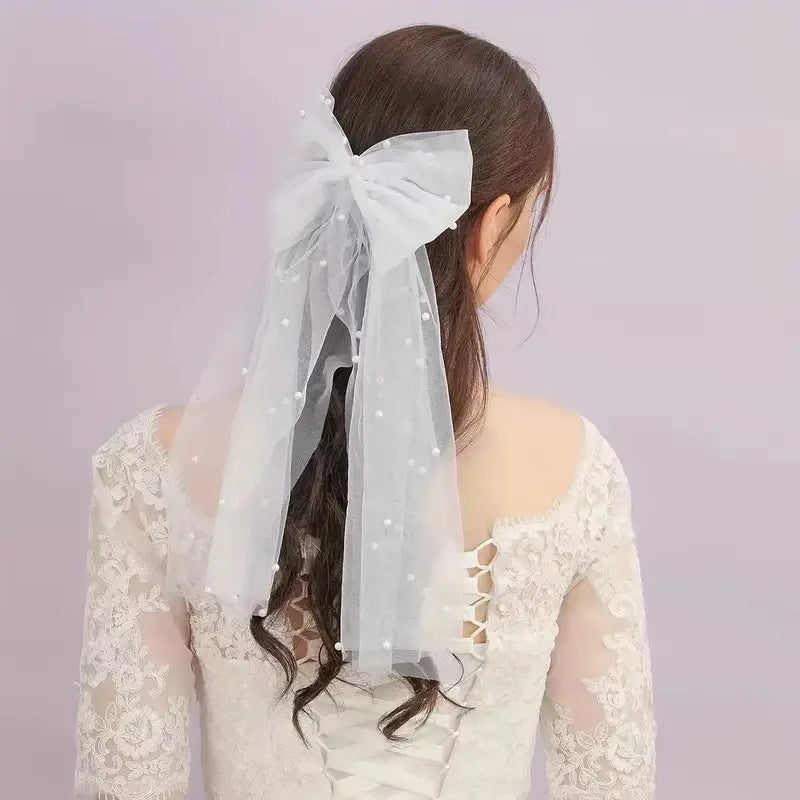 Women Long Ribbon Mesh Bow Hair Clips Pearls Hairpin Veil Short Bridal Wedding Party Bride Hair Accessories HLTS06