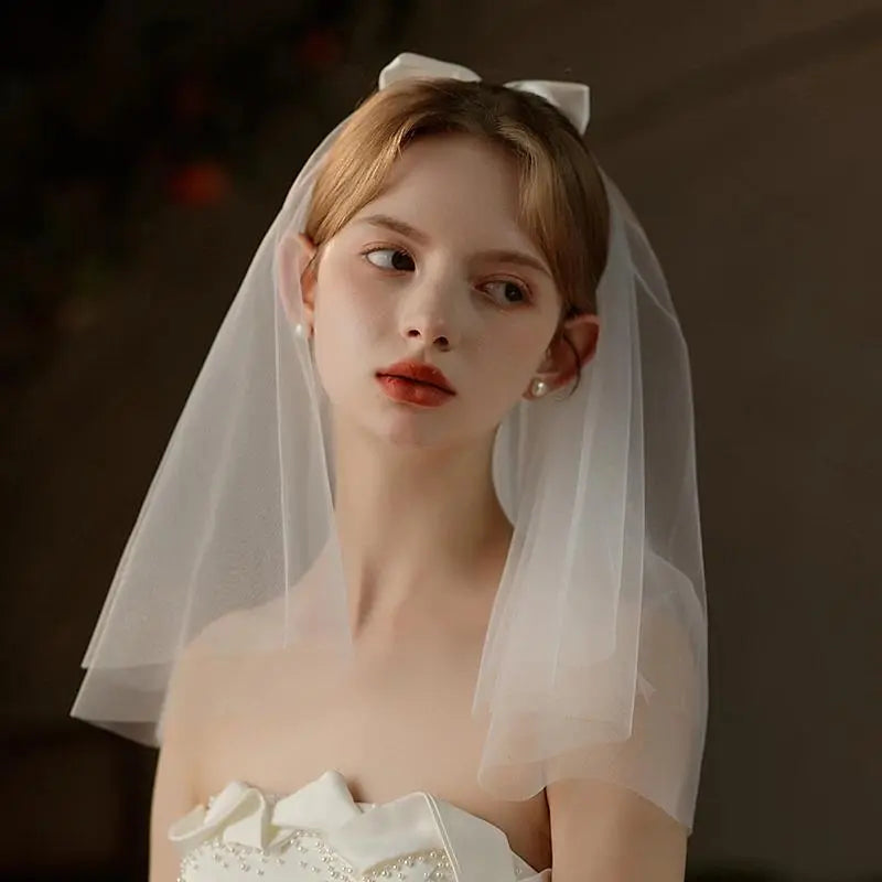 V740 Wedding Bridal Short Veil Two-Layer Tulle Satin Bow White Shoulder Handmade Brides to Be Women Headdress Veil