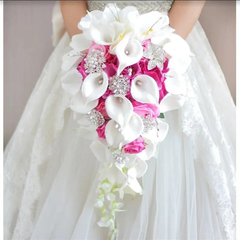Wedding bride holding flower PU calla lily drill buckle water drop waterfall photo holding bouquet bridesmaid flower