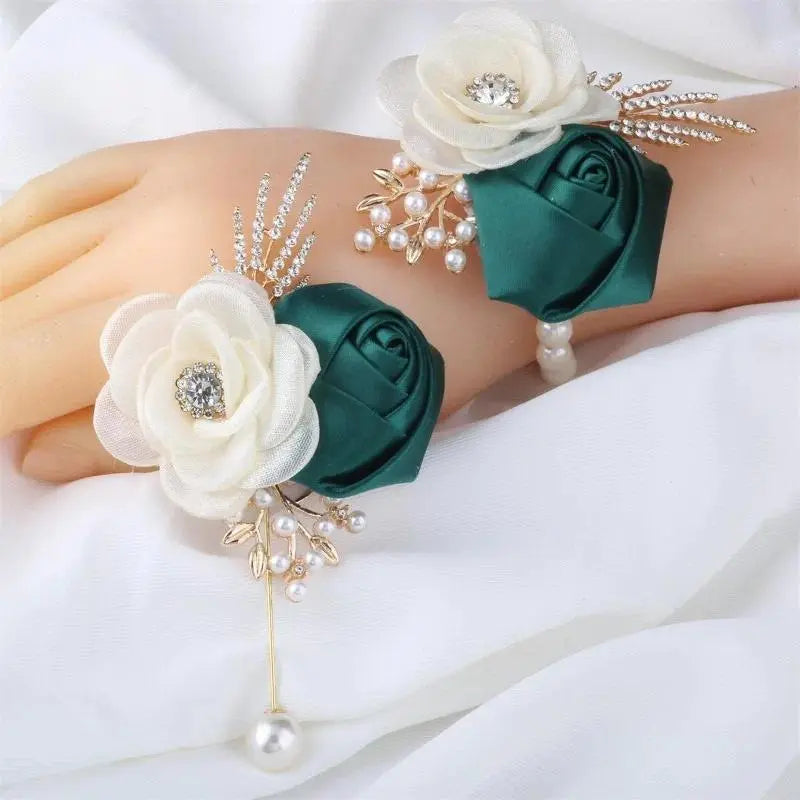Bridal Groom Polyester Floral Jewelry Set - Groom's Boutonniere, Bride's Wrist Corsage, Elegant Cream Blooms with Dark Greenery for Wedding Ceremony