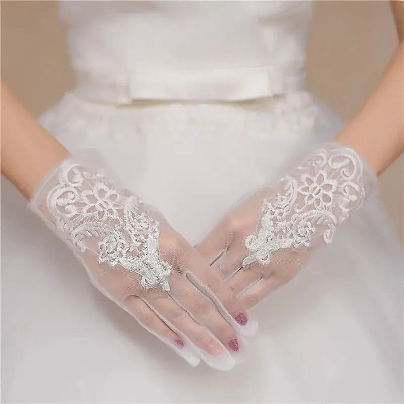 Tulle Wedding Gloves Short Bride Ivory Lace Tea Party Bridal Accessories for Women and Girls