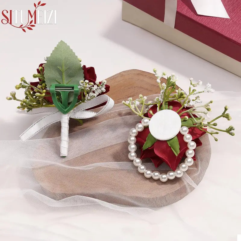 Unisex 2-Piece Handmade Silk Red Rose Corsage & Boutonniere Set - 100% Handmade, 2.7inches x 2.7inches, Wrist Corsage, Pin, Gift Box, Wedding, Banquets, All Seasons Formal Occasions