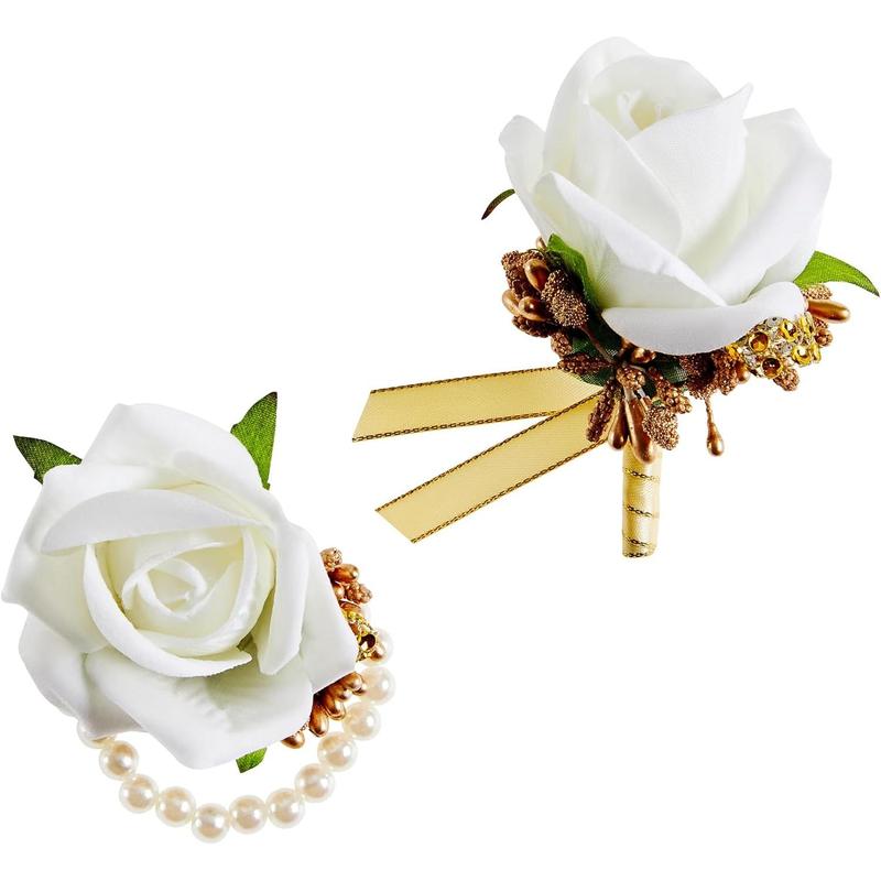 Unisex 2-Piece Handmade Silk Red Rose Corsage & Boutonniere Set - 100% Handmade, 2.7inches x 2.7inches, Wrist Corsage, Pin, Gift Box, Wedding, Banquets, All Seasons Formal Occasions