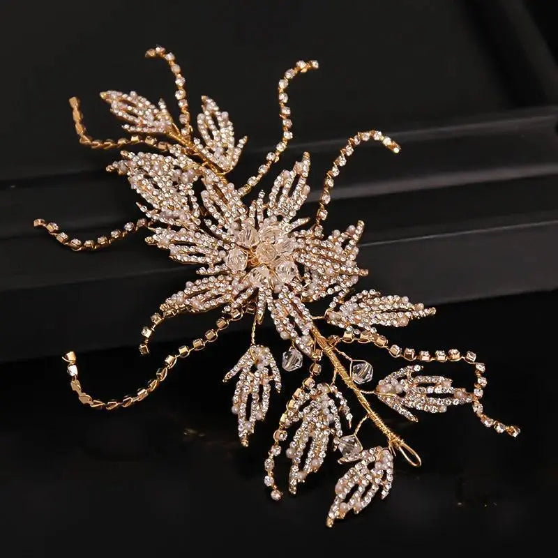 Gold Rhinestone Hair Band Bride Crystal Leaf Headband Wedding Accessories Luxury Jewelry Woman Ornaments Party  Headpiece