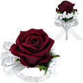 2Pcs Light Blue Rose Corsage and Boutonniere Set, Artificial Wrist Corsage Wristlet Bracelets, Men Boutonniere for Wedding Party Homecoming Formal Dinner Flowers Accessories Prom Suit Decor