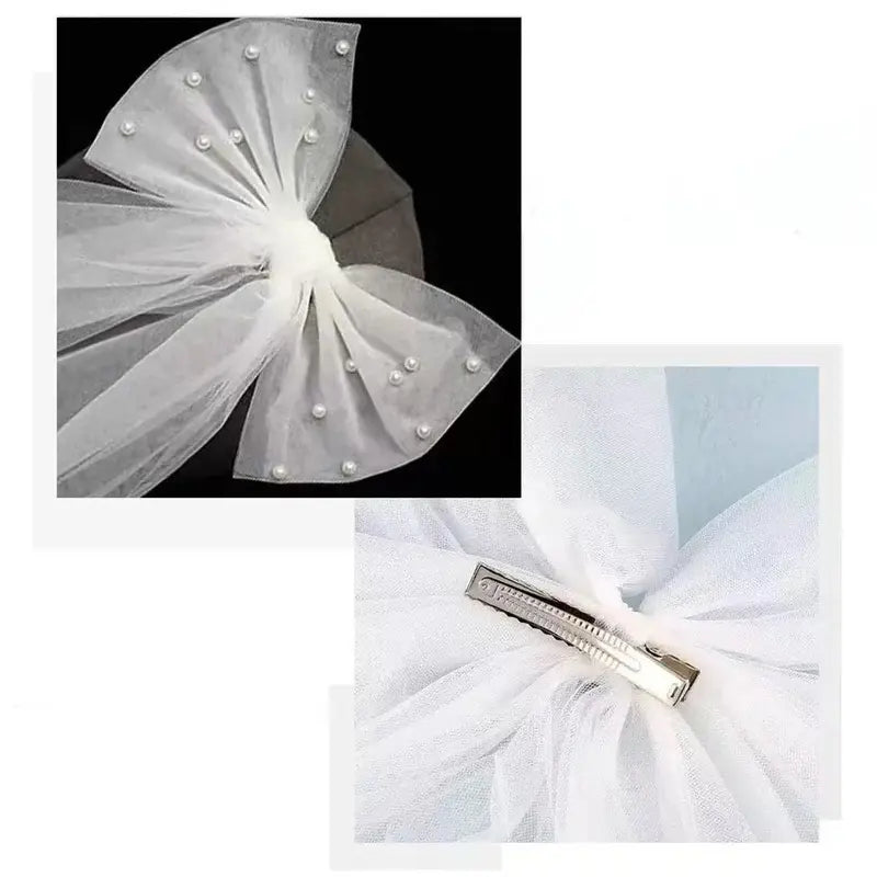 Women Long Ribbon Mesh Bow Hair Clips Pearls Hairpin Veil Short Bridal Wedding Party Bride Hair Accessories HLTS06